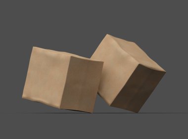 Koyu arkaplanda göçükler olan küçük bir küp karton kutunun oluşturulmuş resmi 