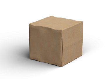 Şeffaf bir arkaplanda göçükler olan küçük bir küp karton kutunun oluşturulmuş resmi