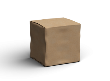 Şeffaf bir arkaplanda göçükler olan küçük bir küp karton kutunun oluşturulmuş resmi