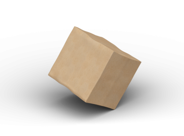 Şeffaf bir arkaplanda göçükler olan küçük bir küp karton kutunun oluşturulmuş resmi