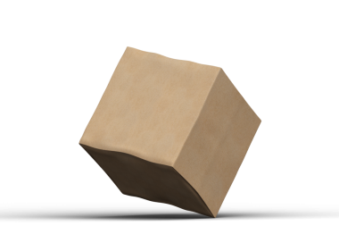 Şeffaf bir arkaplanda göçükler olan küçük bir küp karton kutunun oluşturulmuş resmi