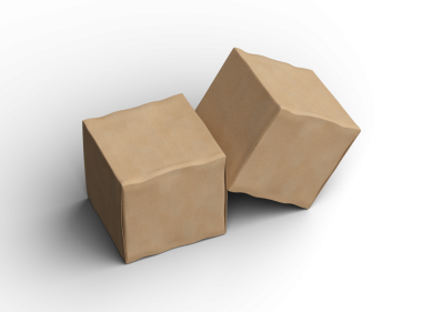 Şeffaf bir arkaplanda göçükler olan küçük bir küp karton kutunun oluşturulmuş resmi