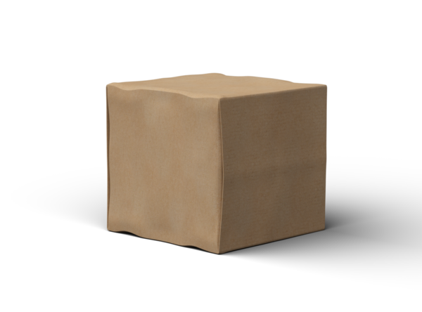 Şeffaf bir arkaplanda göçükler olan küçük bir küp karton kutunun oluşturulmuş resmi