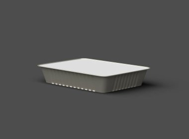 Koyu bir arka planda izole edilmiş büyük dikdörtgen yiyecek folyo tepsisinin 3D görüntüsü 