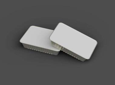 Koyu bir arka planda izole edilmiş büyük dikdörtgen yiyecek folyo tepsisinin 3D görüntüsü 