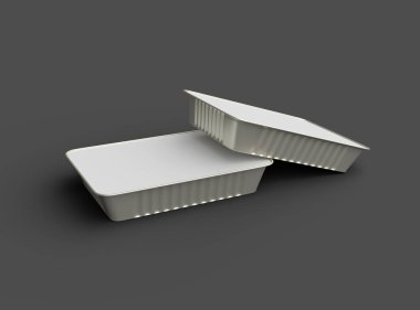 Koyu bir arka planda izole edilmiş büyük dikdörtgen yiyecek folyo tepsisinin 3D görüntüsü 