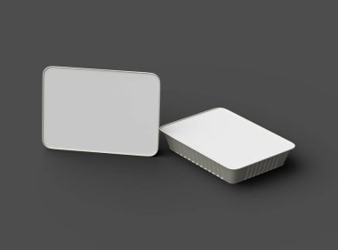 Koyu bir arka planda izole edilmiş büyük dikdörtgen yiyecek folyo tepsisinin 3D görüntüsü 