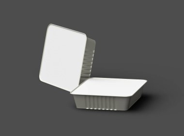 Koyu bir arka planda izole edilmiş büyük dikdörtgen yiyecek folyo tepsisinin 3D görüntüsü 