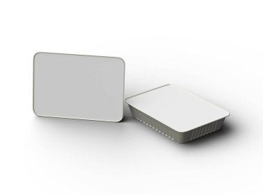 Büyük dikdörtgen yiyecek folyo tepsisinin hafif arkaplanda izole edilmiş 3D görüntüsü 