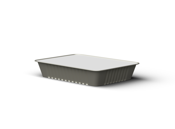 Şeffaf bir arkaplanda izole edilmiş büyük dikdörtgen yiyecek folyo tepsisinin 3D görüntüsü