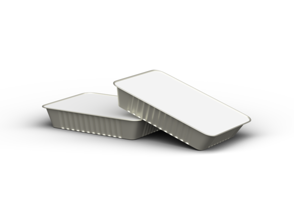 Şeffaf bir arkaplanda izole edilmiş büyük dikdörtgen yiyecek folyo tepsisinin 3D görüntüsü