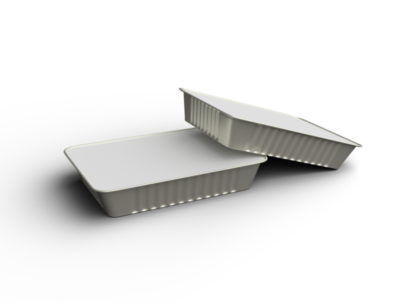 Şeffaf bir arkaplanda izole edilmiş büyük dikdörtgen yiyecek folyo tepsisinin 3D görüntüsü