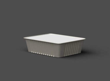 Koyu bir arka planda izole edilmiş küçük dikdörtgen yiyecek folyo tepsisinin 3D görüntüsü