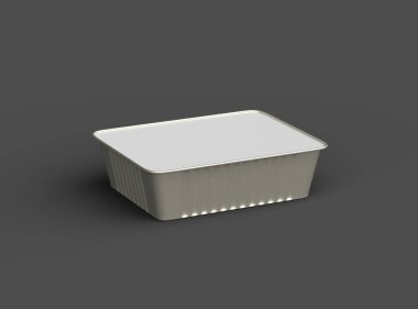 Koyu bir arka planda izole edilmiş küçük dikdörtgen yiyecek folyo tepsisinin 3D görüntüsü
