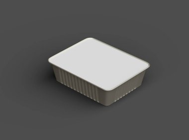Koyu bir arka planda izole edilmiş küçük dikdörtgen yiyecek folyo tepsisinin 3D görüntüsü