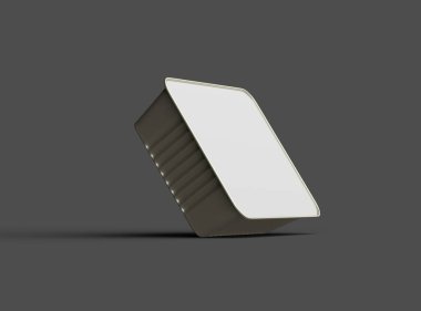 Koyu bir arka planda izole edilmiş küçük dikdörtgen yiyecek folyo tepsisinin 3D görüntüsü