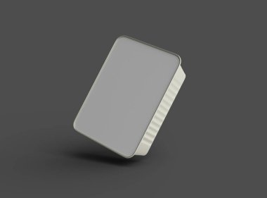 Koyu bir arka planda izole edilmiş küçük dikdörtgen yiyecek folyo tepsisinin 3D görüntüsü