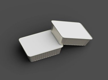 Koyu bir arka planda izole edilmiş küçük dikdörtgen yiyecek folyo tepsisinin 3D görüntüsü