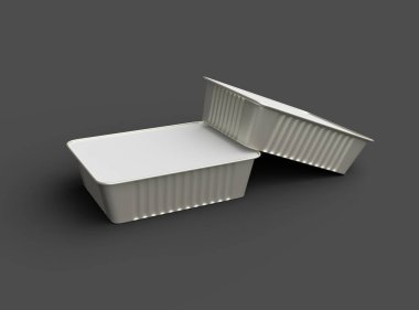 Koyu bir arka planda izole edilmiş küçük dikdörtgen yiyecek folyo tepsisinin 3D görüntüsü