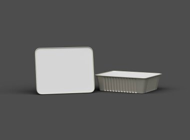Koyu bir arka planda izole edilmiş küçük dikdörtgen yiyecek folyo tepsisinin 3D görüntüsü