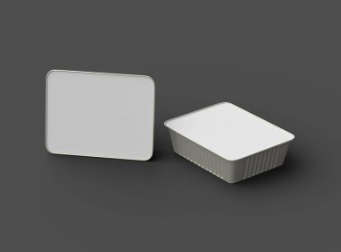Koyu bir arka planda izole edilmiş küçük dikdörtgen yiyecek folyo tepsisinin 3D görüntüsü