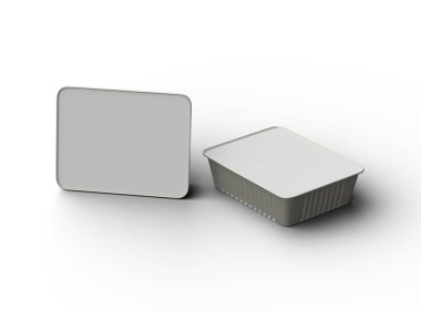 Aydınlık bir arkaplanda izole edilmiş küçük dikdörtgen yiyecek folyo tepsisinin 3D görüntüsü