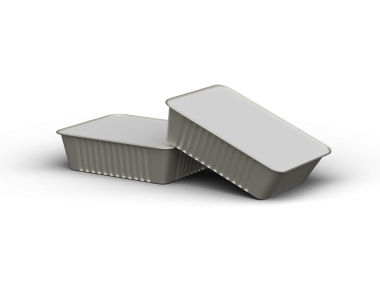 Şeffaf bir arkaplanda izole edilmiş küçük dikdörtgen yiyecek folyo tepsisinin 3D görüntüsü