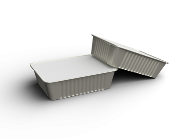 Şeffaf bir arkaplanda izole edilmiş küçük dikdörtgen yiyecek folyo tepsisinin 3D görüntüsü