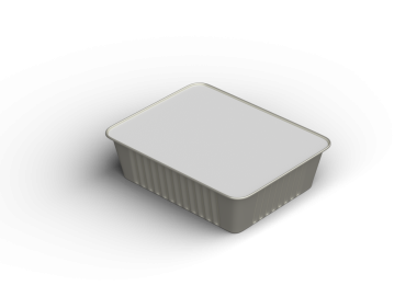 Şeffaf bir arkaplanda izole edilmiş küçük dikdörtgen yiyecek folyo tepsisinin 3D görüntüsü