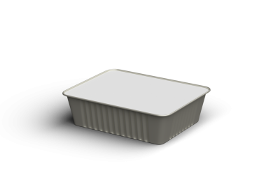 Şeffaf bir arkaplanda izole edilmiş küçük dikdörtgen yiyecek folyo tepsisinin 3D görüntüsü