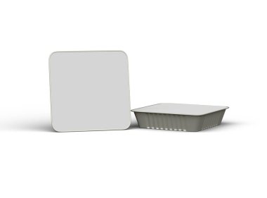 Hafif bir arka planda izole edilmiş büyük kare yiyecek folyo tepsisinin 3D görüntüsü