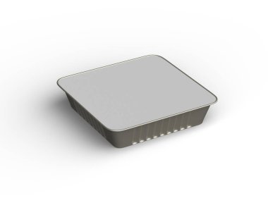 Hafif bir arka planda izole edilmiş büyük kare yiyecek folyo tepsisinin 3D görüntüsü