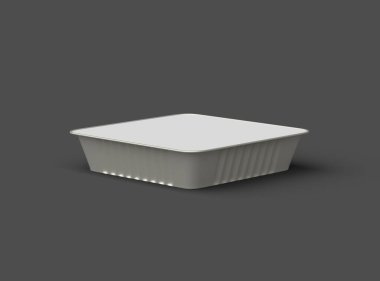 Koyu bir arka planda izole edilmiş büyük kare yiyecek folyo tepsisinin 3D görüntüsü 