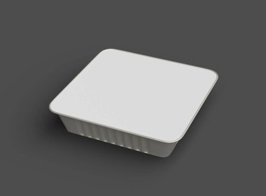 Koyu bir arka planda izole edilmiş büyük kare yiyecek folyo tepsisinin 3D görüntüsü 