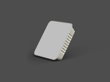 Koyu bir arka planda izole edilmiş büyük kare yiyecek folyo tepsisinin 3D görüntüsü 