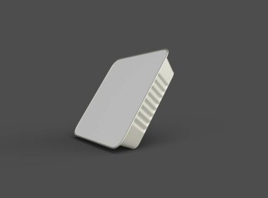 Koyu bir arka planda izole edilmiş büyük kare yiyecek folyo tepsisinin 3D görüntüsü 