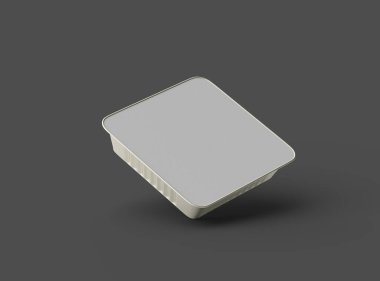 Koyu bir arka planda izole edilmiş büyük kare yiyecek folyo tepsisinin 3D görüntüsü 