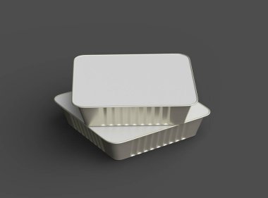 Koyu bir arka planda izole edilmiş büyük kare yiyecek folyo tepsisinin 3D görüntüsü 
