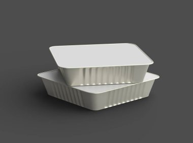 Koyu bir arka planda izole edilmiş büyük kare yiyecek folyo tepsisinin 3D görüntüsü 