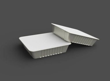 Koyu bir arka planda izole edilmiş büyük kare yiyecek folyo tepsisinin 3D görüntüsü 