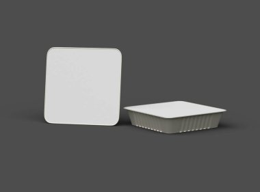 Koyu bir arka planda izole edilmiş büyük kare yiyecek folyo tepsisinin 3D görüntüsü 