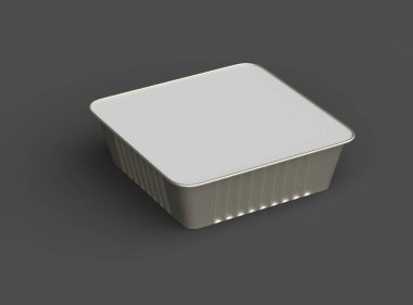 Koyu bir arka planda izole edilmiş küçük bir besin folyo tepsisinin 3D görüntüsü