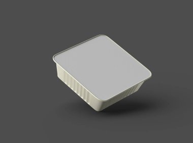 Koyu bir arka planda izole edilmiş küçük bir besin folyo tepsisinin 3D görüntüsü