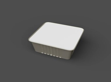 Koyu bir arka planda izole edilmiş 3D kare yiyecek folyo tepsisinin görüntüsü 