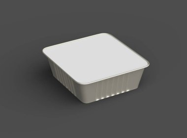 Koyu bir arka planda izole edilmiş 3D kare yiyecek folyo tepsisinin görüntüsü 