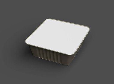 Koyu bir arka planda izole edilmiş 3D kare yiyecek folyo tepsisinin görüntüsü 