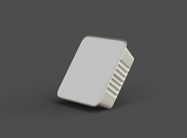 Koyu bir arka planda izole edilmiş 3D kare yiyecek folyo tepsisinin görüntüsü 