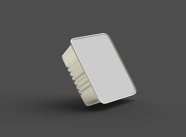 Koyu bir arka planda izole edilmiş 3D kare yiyecek folyo tepsisinin görüntüsü 