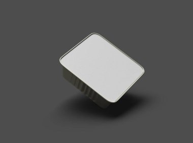 Koyu bir arka planda izole edilmiş 3D kare yiyecek folyo tepsisinin görüntüsü 