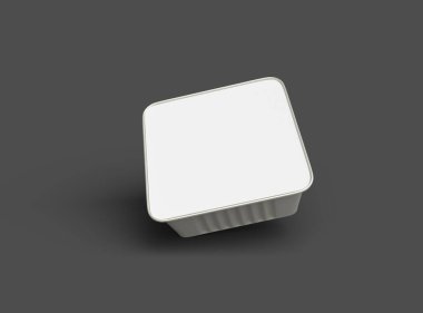 Koyu bir arka planda izole edilmiş 3D kare yiyecek folyo tepsisinin görüntüsü 
